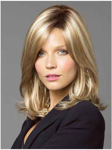 Sleek Blonde Shoulder Length Synthetic Lace Front Wigs With Bangs