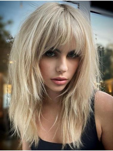 Monofilament 16" Remy Human Hair With Bangs Wigs Long