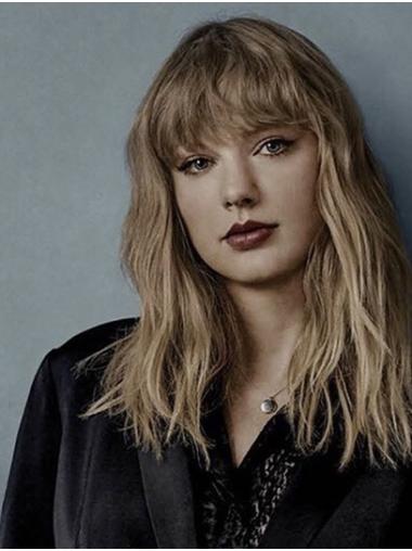 Remy Human Hair Lace Front Shoulder Length With Bangs Stylish 14" Taylor Swift Wigs