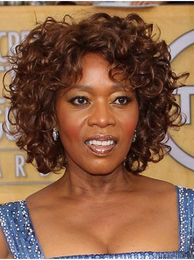 Durable 12" Curly Chin Length Brown Without Bangs Alfre Woodard Wigs