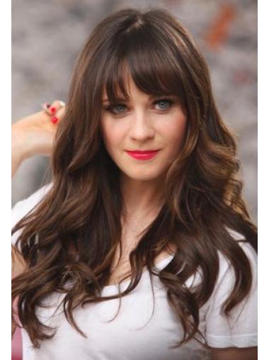 Capless Long Wavy Remy Human Hair 20" Good With Bangs Zooey Deschanel Wigs