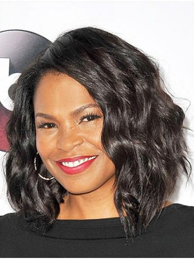 Shoulder Length Black Wavy Bobs 14" No-Fuss Nia Long Wigs