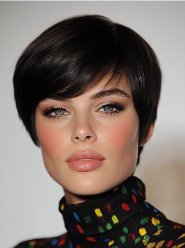 Short Human Hair Wigs Straight Boycuts 6" Black Monofilament Wigs