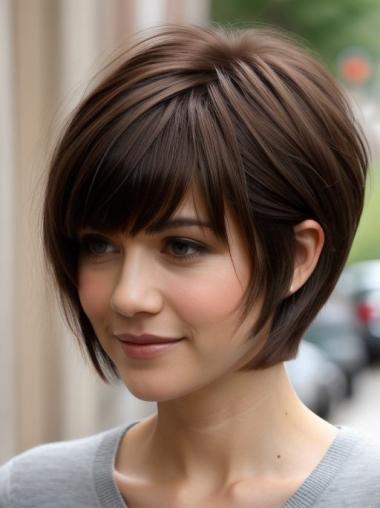 Short Wigs With Bangs Synthetic Brown Monofilament Straight 8" Wigs