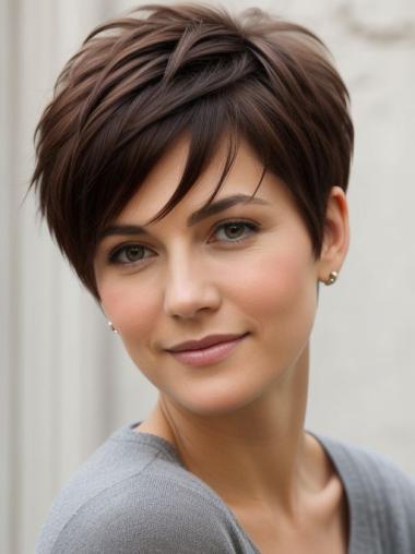 Human Hair Short Wigs Lace Front Straight Boycuts Brown 6" Wigs