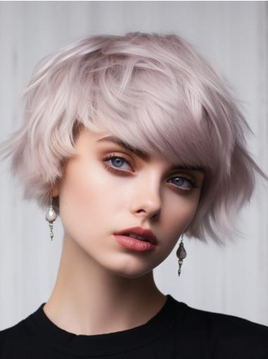 Short Wigs Human Hair Monofilament Purple With Bangs Straight 6" Wigs