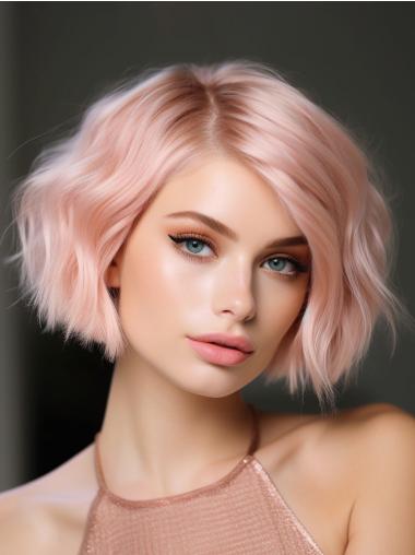 Short Wigs Human Hair Lace Front Pink Bobs Wavy 8" Wigs