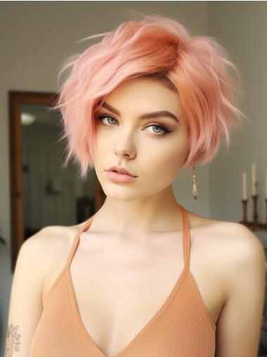 Short Wigs Human Hair Lace Front Pink Bobs Wavy 6" Wigs