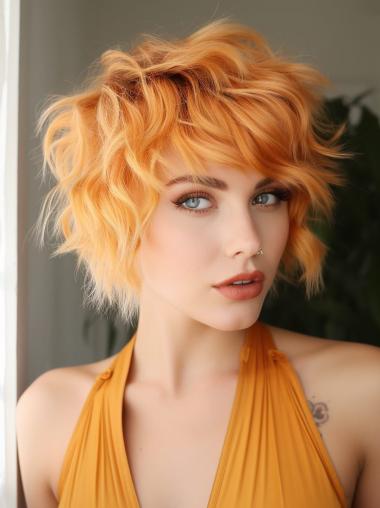Short Bob Wigs Lace Front Copper Synthetic Wavy 8" Wigs