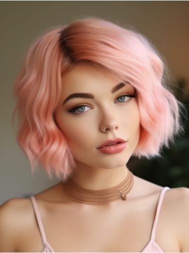 Human Hair Wigs Short Pink Bobs 8" Wavy Monofilament Wigs