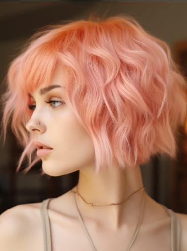 Human Hair Wigs Short Pink Bobs 8" Wavy Lace Front Wigs