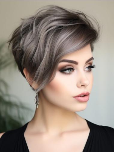 Short Gray Wigs Synthetic Boycuts Lace Front Straight 6" Wigs