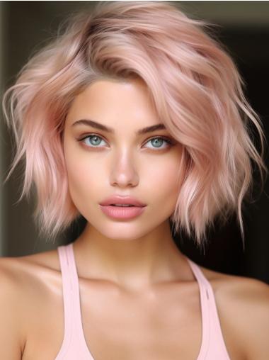 Human Hair Wigs Short Pink Bobs 8" Wavy Lace Front Wigs
