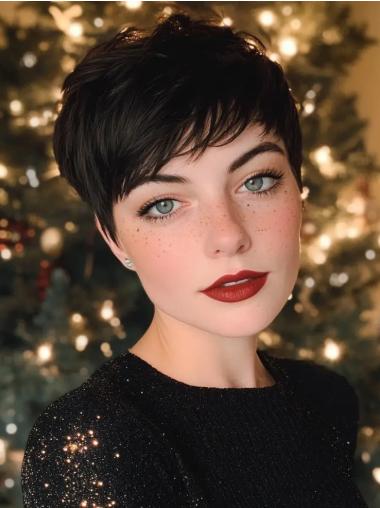 Ladies Wigs Short Remy Human Hair Lace Front Black 4" Straight Boycuts Wigs