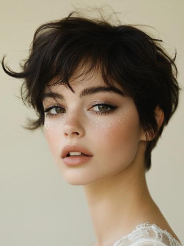 Ladies Wigs Short Remy Human Hair Lace Front Black 6" Straight Boycuts Wigs