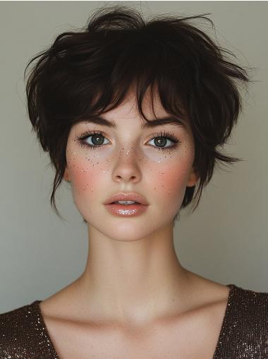 Ladies Wigs Short Remy Human Hair Lace Front Black 6" Straight Boycuts Wigs