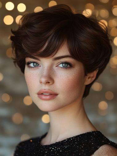 Ladies Wigs Short Remy Human Hair Lace Front Brown 6" Wavy Boycuts Wigs