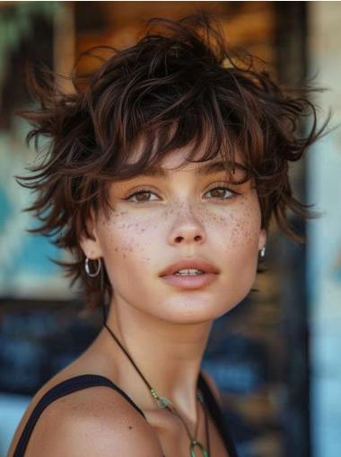 Short Wigs With Bangs Remy Human Hair Brown Monofilament Straight 8" Wigs