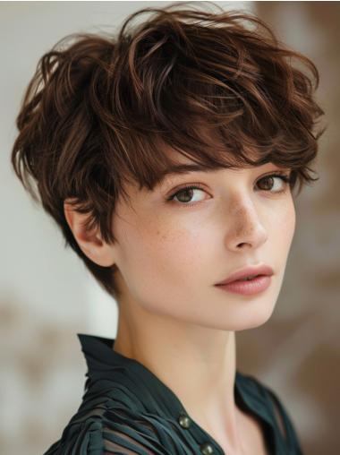Short Wavy Wigs Monofilament Remy Human Hair Brown Boycuts 6" Wigs