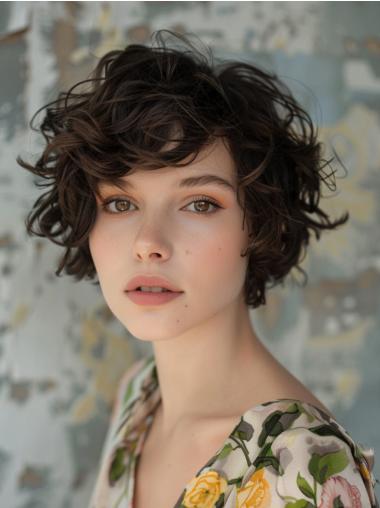 Short Curly Human Hair Wigs 8" Bobs Black Monofilament Wigs