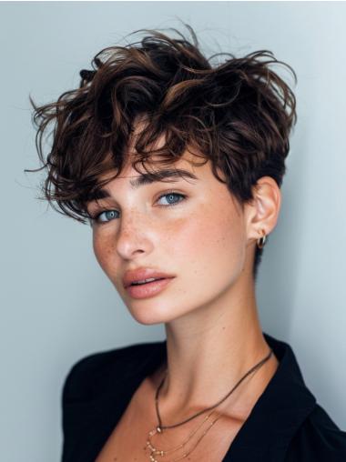 Short Wavy Wigs Lace Front Remy Human Hair Brown Boycuts 4" Wigs