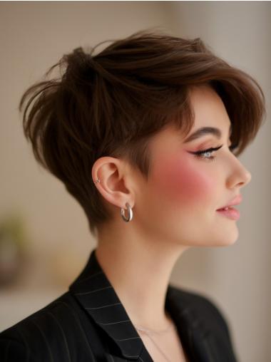 Short Style Wigs Straight Remy Human Hair Brown 4" Boycuts Wigs