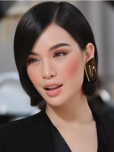 Short Human Hair Wig 8" Black Monofilament Straight Bobs Wigs