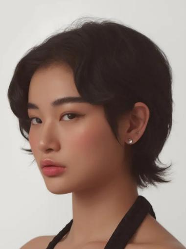 Short Human Hair Wig 8" Black Monofilament Straight Bobs Wigs