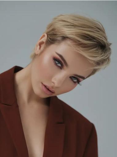 Short Human Hair Wig 6" Blonde Monofilament Straight Boycuts Wigs