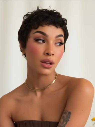 Short Wavy Wigs Monofilament Remy Human Hair Black Boycuts 6" Wigs