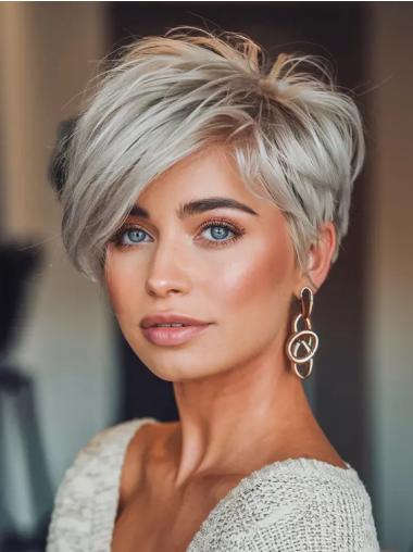 Short Gray Wigs Remy Human Hair Boycuts Monofilament Straight 6" Wigs