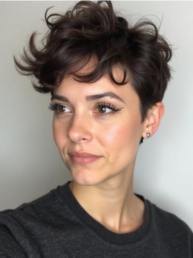 Short Cut Wigs 4" Boycuts Brown Synthetic Monofilament Wavy Wigs