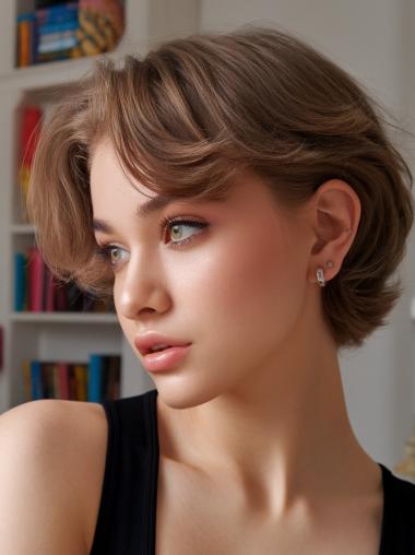 Short Real Hair Wigs Monofilament Brown Wavy Bobs 6" Wigs