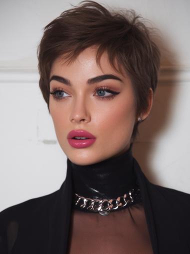 Short Real Hair Wigs Lace Front Brown Straight Boycuts 6" Wigs