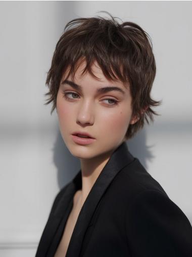 Short Real Hair Wigs Monofilament Brown Straight Bobs 6" Wigs