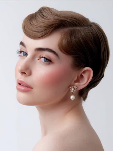 Wigs Human Hair Short 6" Brown Boycuts Monofilament Wavy Wigs