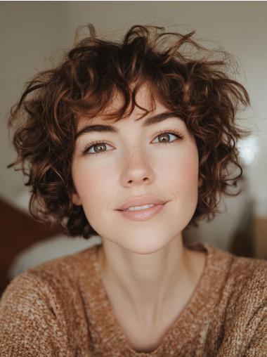 Short Curly Human Hair Wigs 8" Bobs Brown Lace Front Wigs