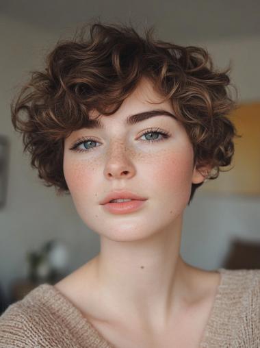 Short Curly Human Hair Wigs 8" Bobs Brown Monofilament Wigs