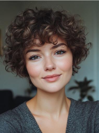 Short Curly Human Hair Wigs 8" Bobs Brown Lace Front Wigs