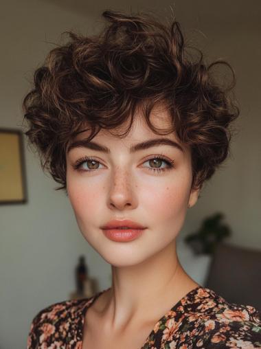 Short Cut Wigs 6" Bobs Brown Synthetic Lace Front Curly Wigs