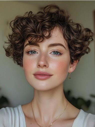 Wigs Human Hair Short 6" Brown Bobs Lace Front Curly Wigs