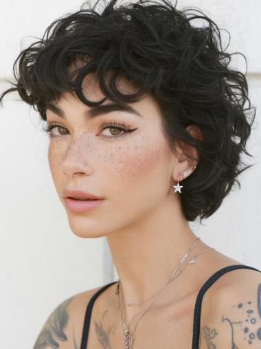 Short Black Wig 8" Lace Front Curly Bobs Remy Human Hair Wigs