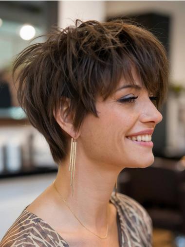 Real Hair Short Wigs 6" Lace Front Bobs Brown Straight Wigs