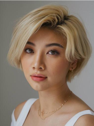 Real Hair Short Wigs 8" Monofilament Bobs Blonde Straight Wigs