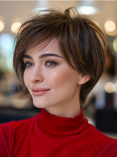 Real Hair Short Wigs 8" Monofilament Bobs Brown Straight Wigs