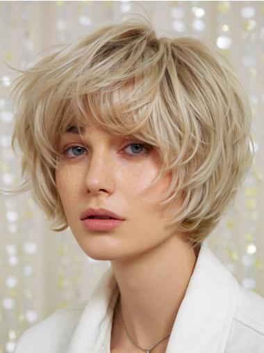 Human Short Hair Wigs 8" Bobs Platinum Blonde Lace Front Straight Wigs