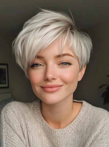 Human Short Hair Wigs 4" Boycuts Silver Monofilament Straight Wigs