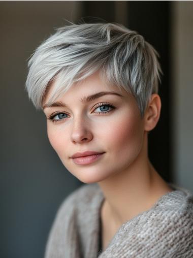 Human Short Hair Wigs 4" Boycuts Silver Lace Front Straight Wigs