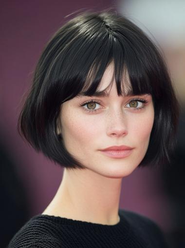 Human Hair Short Wig Lace Front Bobs 8" Black Straight Wigs