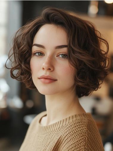 Human Hair Short Wig Monofilament Bobs 8" Brown Wavy Wigs